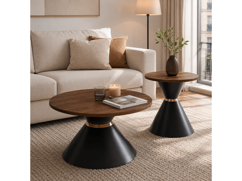 Lot de 2 tables basses rondes fixes avec plateaux en mélamine, bases coniques en métal noir mat et décor noyer - Conforama E