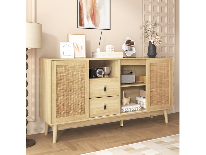  Buffet 155x38x80 cm bois, 3 portes coulissantes en rotin véritable, 2 tiroirs, rangement pour salon  - Conforama B