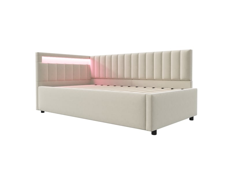 Lit banquette 90x200 cm en velours beige, led, coffre hydraulique et dossier latéral modulable - Conforama A