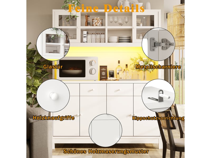  Buffet de cuisine haut 140x180 cm, 4 tiroirs, portes vitrées, mdf blanc, rangement cuisine moderne  - Conforama D