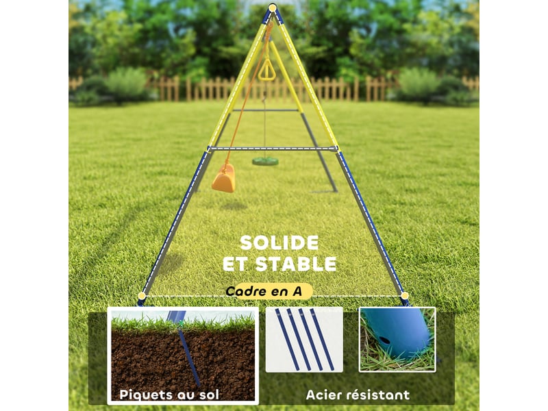  Portique balancoire exterieur enfants 3-en-1, siège de balancelle, 2 anneaux gymnastique et balançoire à disque  - Conforama E