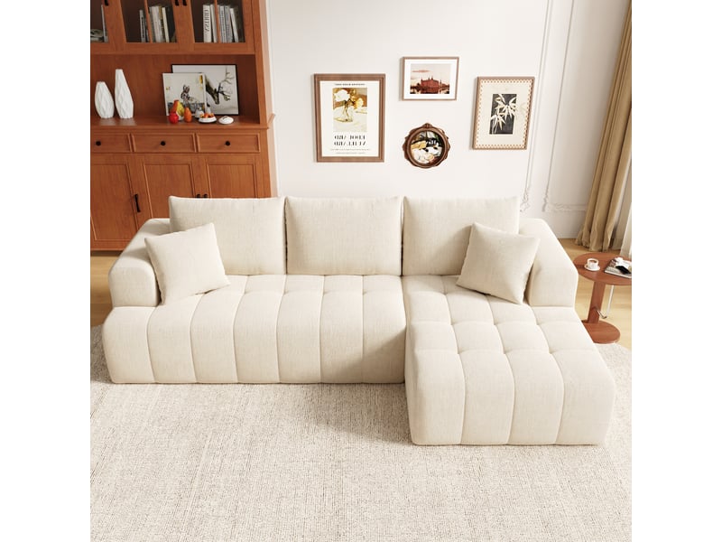Canapé d’angle en l 3 places 244,5x136x79 cm modulable effet nuage sans structure, sans montage, assise profonde, mousse haute densité, chenille beige - Conforama B
