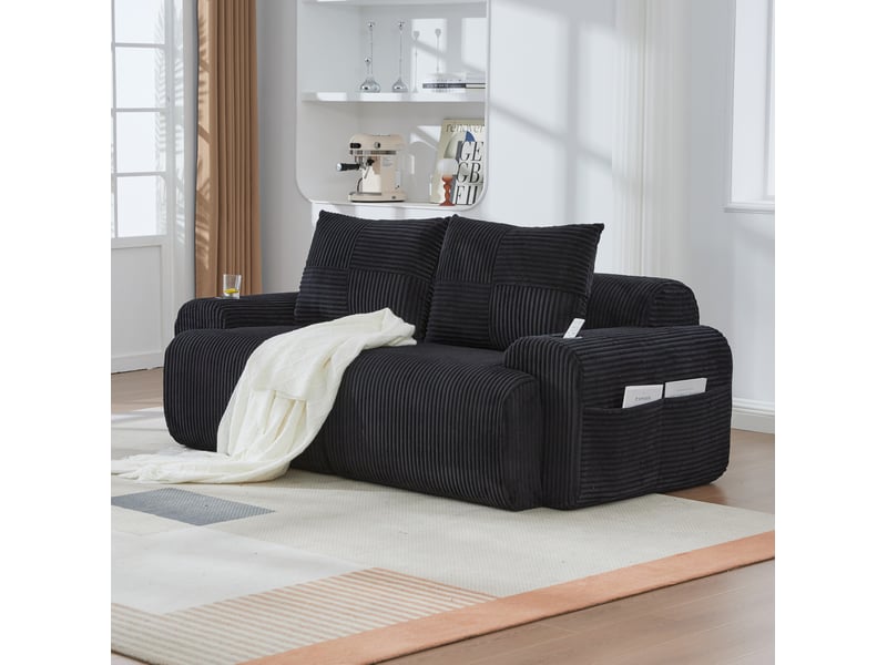  Canapé modulaire 2 places avec porte-gobelets et poche latérale en velours côtelé noir  - Conforama D