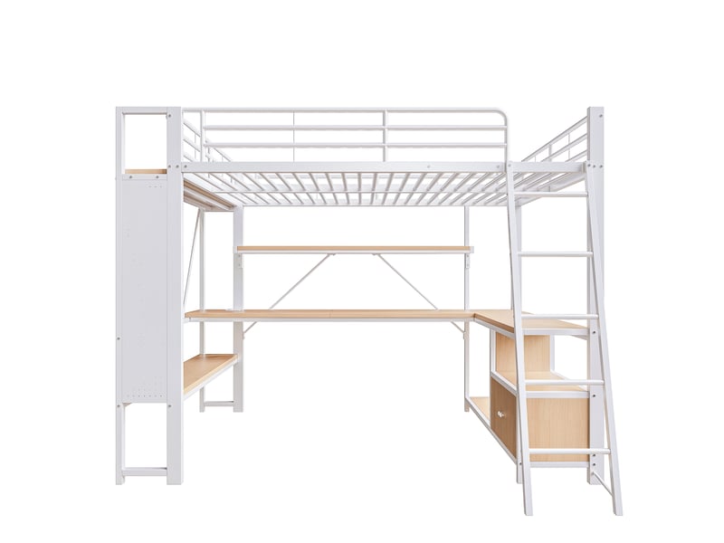 Lit mezzanine 140x200 cm métal blanc avec led, bureau, rangements et usb - Conforama A