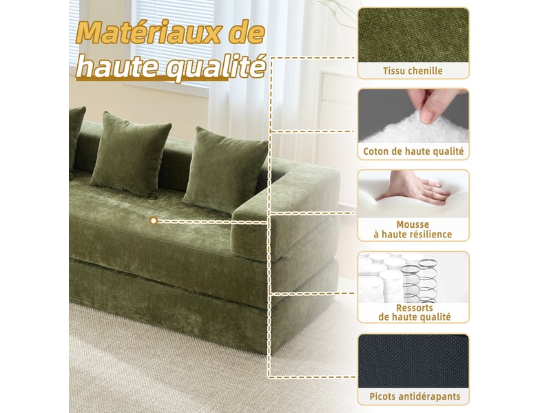  Canapé-lit convertible compressée modulable 3 places,198x79x60cm,avec poches latérales et base anti-glisse,chenille,vert  - Conforama D