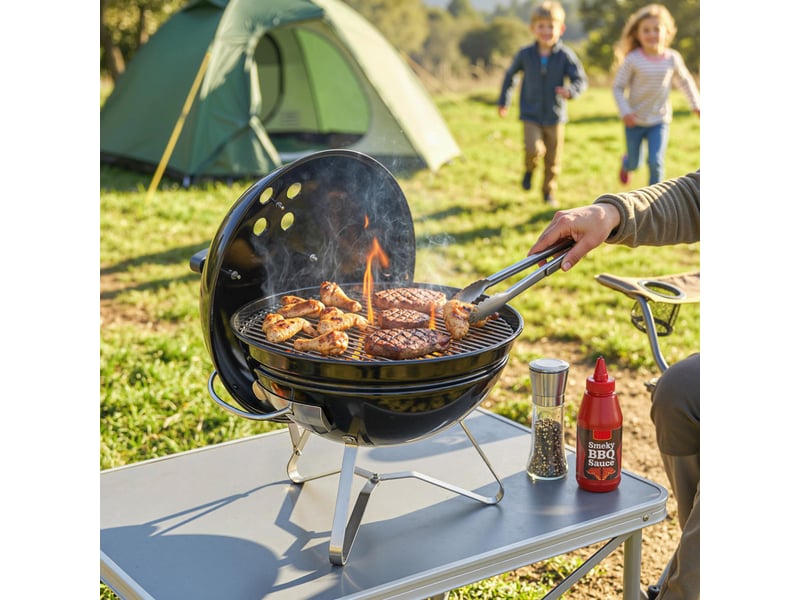  Barbecue portable au charbon de bois avec couvercle, poignée et fentes d'aération réglables, 41 x 41 x 44 cm, noir  - Conforama D