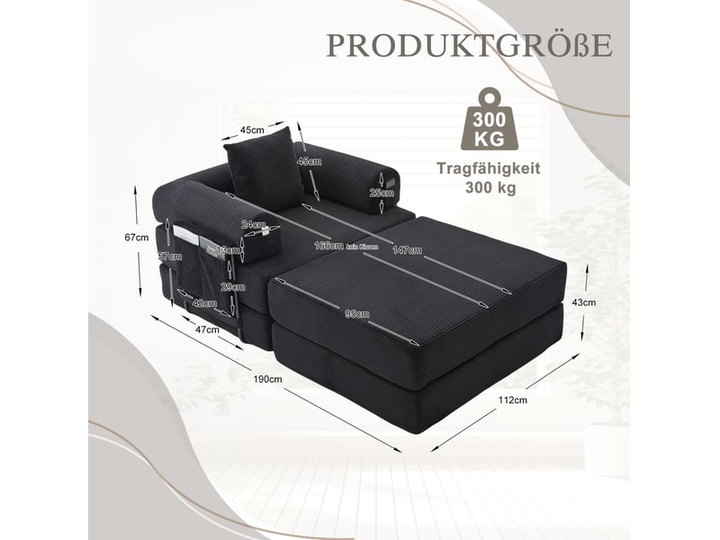  Fauteuil 1 place avec repose-pieds modulable en velours côtelé noir  - Conforama E