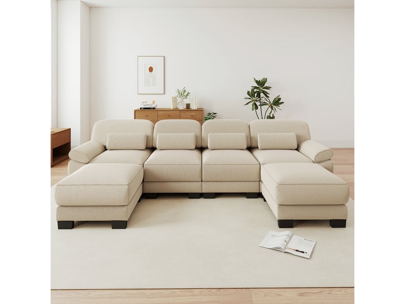  Canapé modulable en u - 4 places - 2 ottomans - velours côtelé - mobilier de salon - grand confort - assise confortable - beige CozyNest - Conforama C