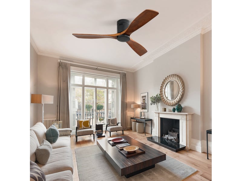  Ventilateur de plafond 132 cm noir métal et bois, 3 pales réversibles avec télécommande sans éclairage  - Conforama B