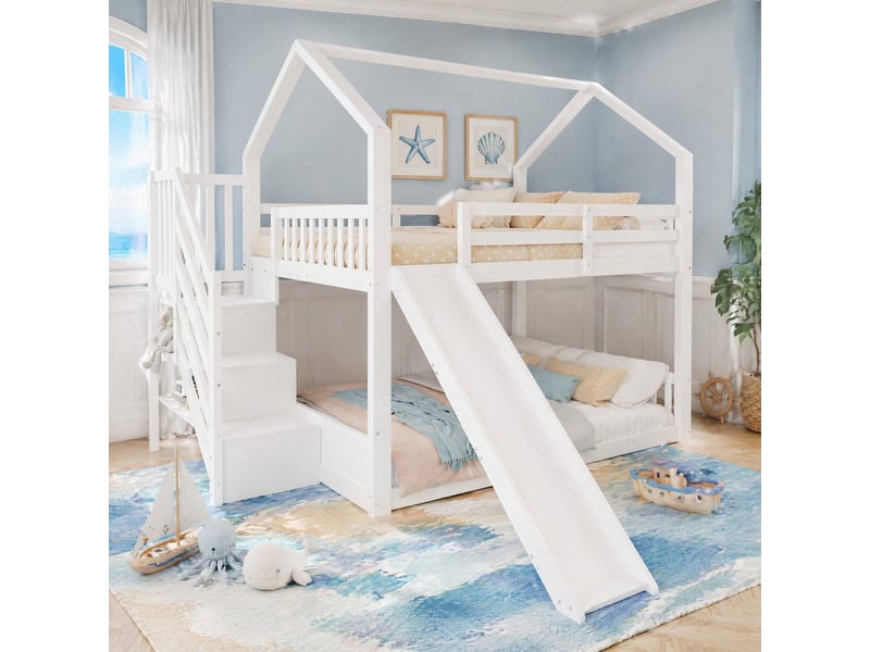 Lit superposé enfant 140x200 avec escalier de rangement et toboggan evryae - Conforama B