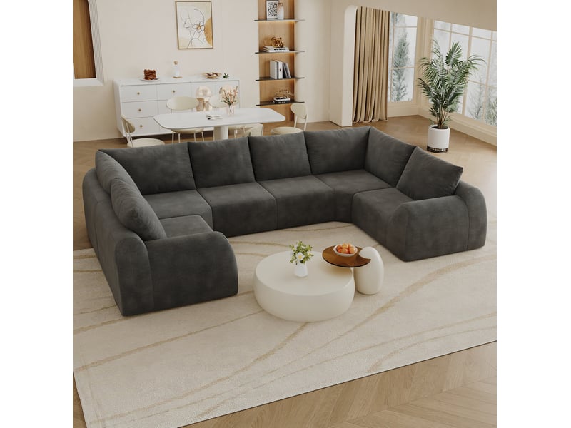 Canapé panoramique en u 6 places à mousse haute élasticité, sans montage, en chenille gris foncé - Conforama D