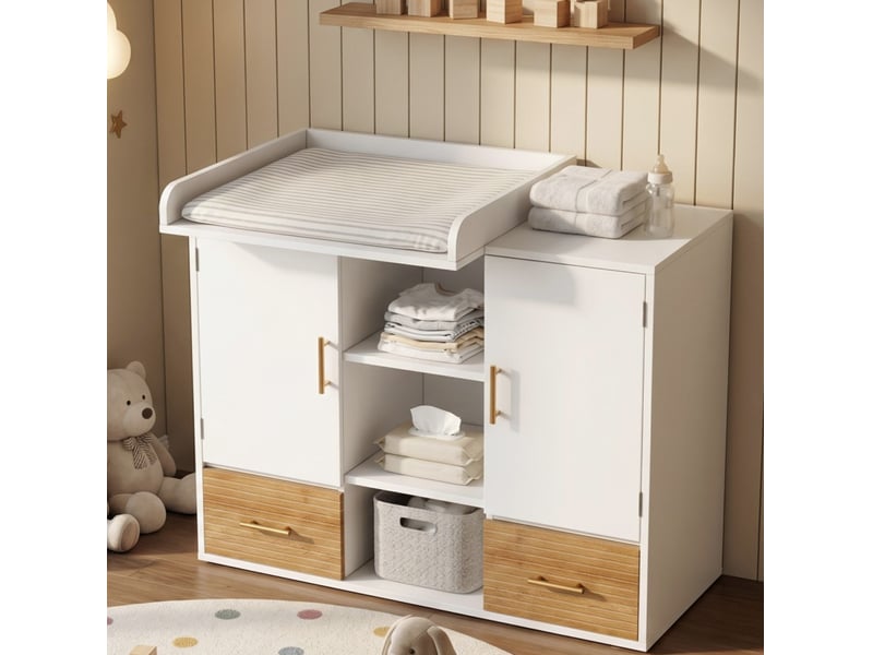  Commode à langer multifonctionnelle 114x53x92 cm avec rangement mdf naturel et blanc  - Conforama B