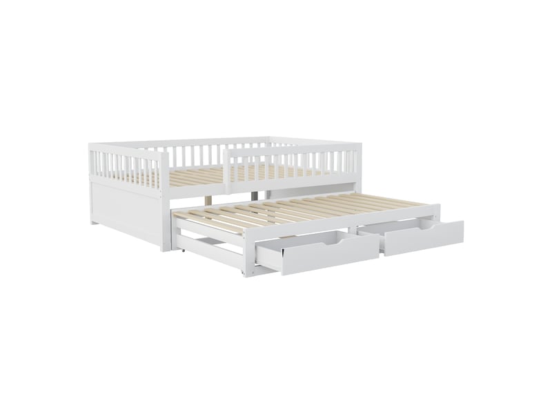  Lit banquette avec lit gigogne et 2 tiroirs, bois massif blanc, 140x200 cm, barrières et sommier  - Conforama E