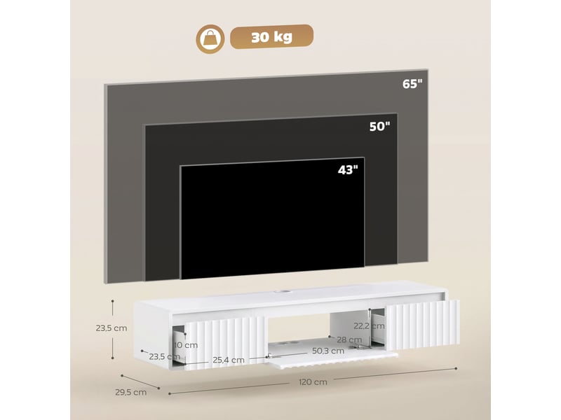  Meuble tv suspendu flottant 120 cm avec éclairage led et prises, blanc, meuble télé pour téléviseur 65 pouces  - Conforama C