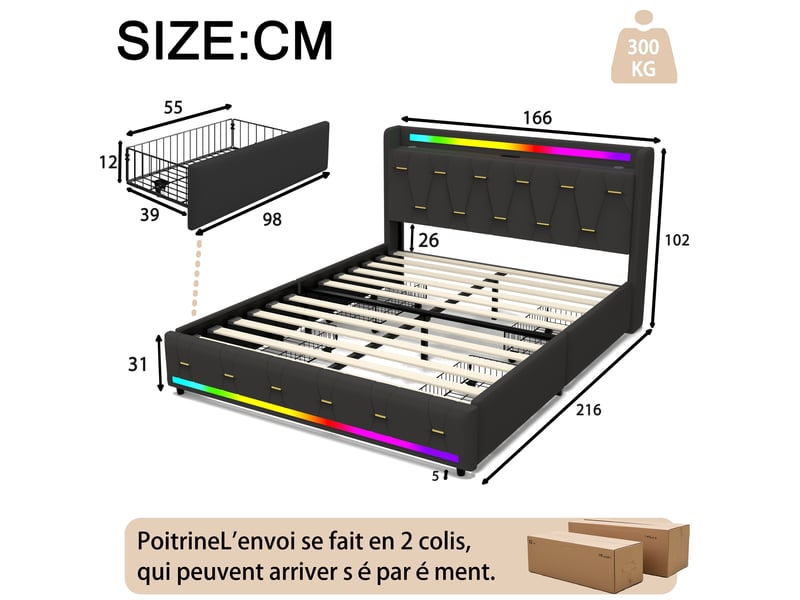  Lit 160x200 cm noir avec rangement, led, 4 tiroirs,ports usb+type-c sans matelas EBD855Q-BK - Conforama D