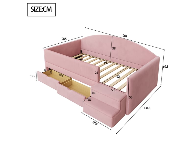  Lit enfant 90x190 cm avec 2 tiroirs et marches en velours rose  - Conforama E
