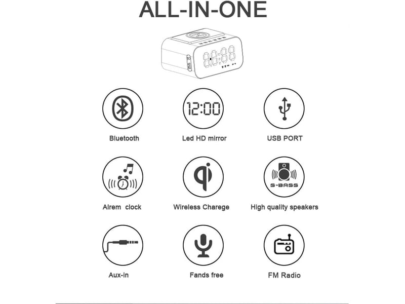 Réveil numérique intelligent multifonctionnel 6 en 1 avec charge sans fil 15 w, bluetooth, radio fm, carte tf et entrée aux. Bt510 blanc  - Conforama D