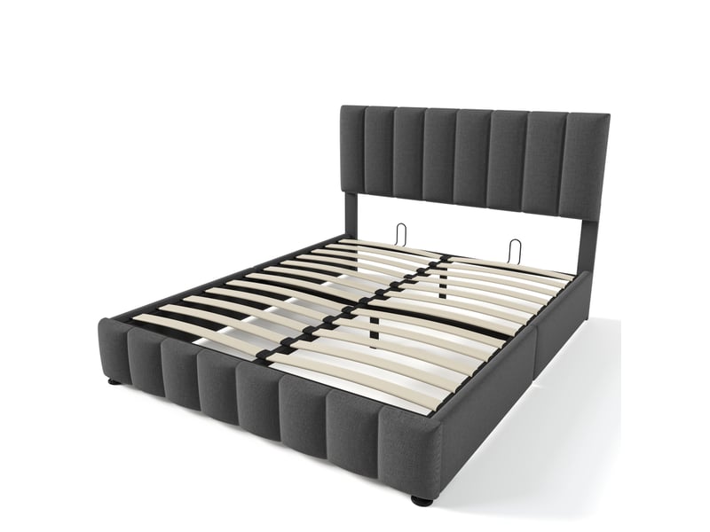  Lit coffre adulte 140 x 200 cm, lit double avec tête de lit réglable, charge 200 kg, revêtement en lin gris, sans matelas  - Conforama E