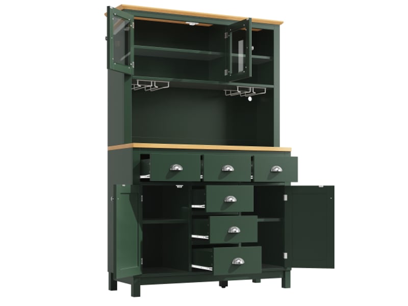  Buffet bois style campagne 104x40x180 cm, armoire de cuisine 4 portes, led, porte-bouteilles, vert et blanc  - Conforama E