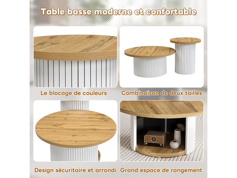  Table basse, table ronde double, table d'appoint avec plateaux en bois naturel. Table de salon multifonctionnelle  - Conforama D