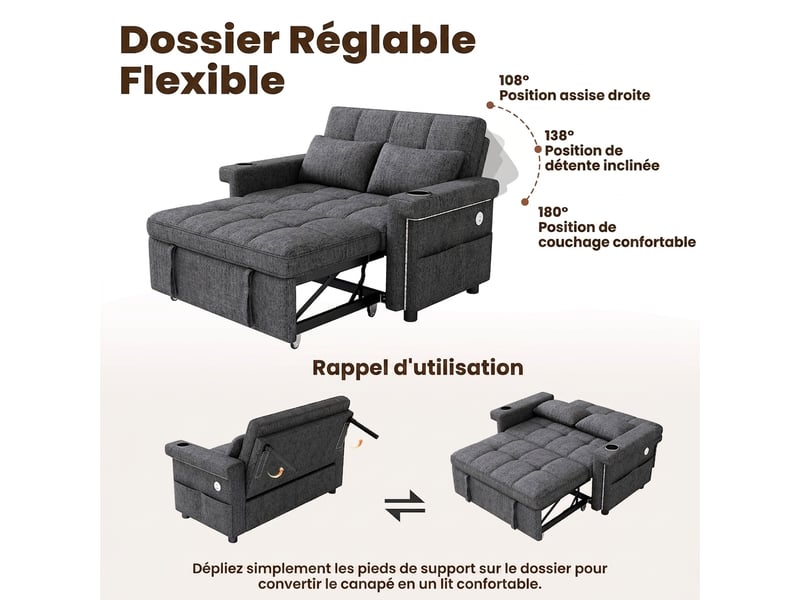 Canapé convertible 2 places avec led et ports usb, dossier réglable, tissu chenille gris - Conforama D