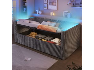 Lit banquette 90x200 cm en velours gris avec rangement hydraulique, sommier et éclairage led, sans matelas