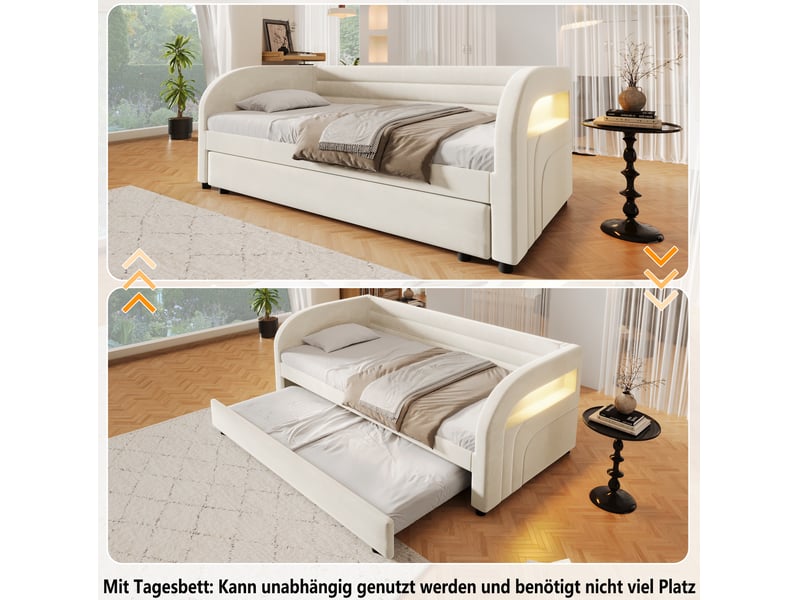  Lit jeune gigogne, 90x200 cm, avec led multicolore, couchage d'appoint, tissue, tissu et flanelle et mdf, coloris blanc  - Conforama E