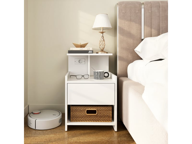  Table de chevet avec station de charge, ports usb, tiroir et étagères, table de nuit 40 x 40 x 60 cm blanche  - Conforama C