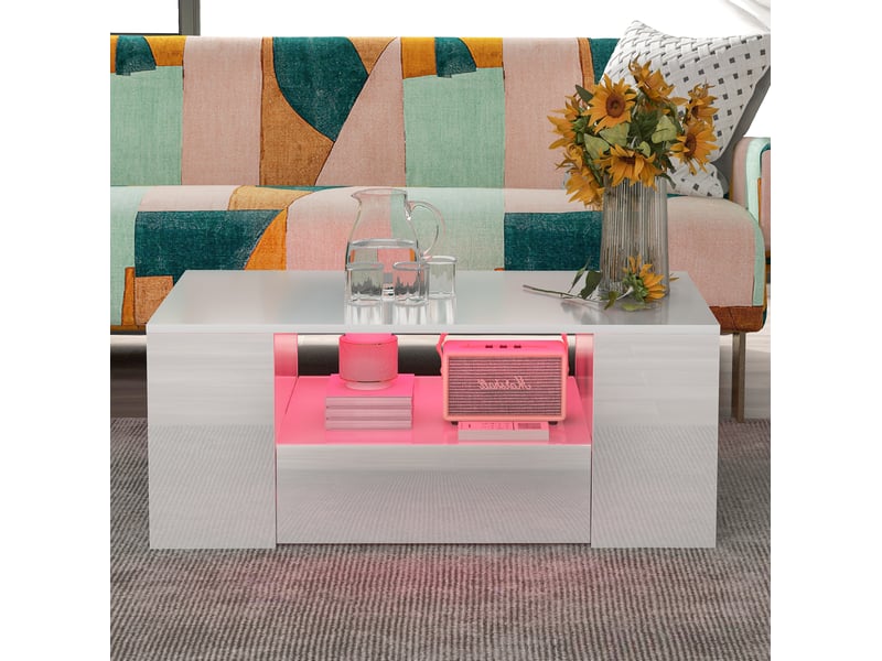  Table basse avec 2 tiroirs et 2 niches led, style moderne, pour salon, en panneau de particules, blanc brillant  - Conforama E