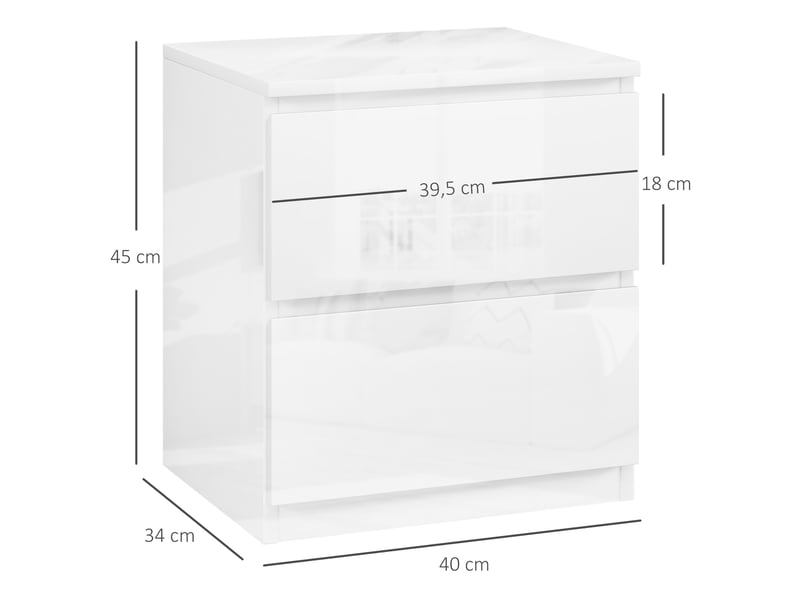  Table de chevet à 2 tiroirs, idéale pour la chambre ou le salon, 40 x 34 x 45 cm, blanc brillant  - Conforama E