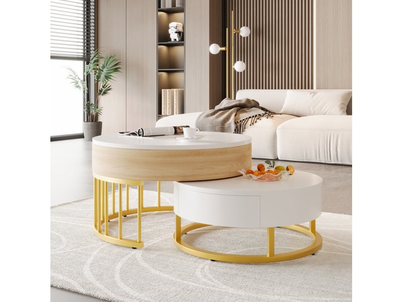  Table basse ronde gigogne avec plateau relevable et tiroir, structure métallique dorée, pour salon, blanc et bois  - Conforama B