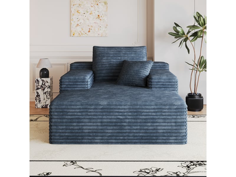 Canapé modulable bleu en velours côtelé, méridienne assise profonde sans montage, canapé mousse 115x159cm - Conforama R