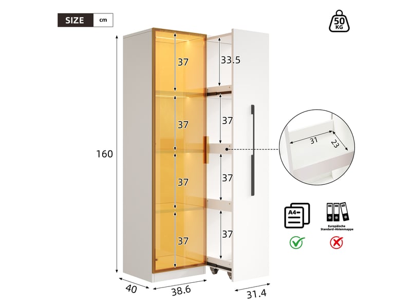  Vitrine de rangement 70 x 40 x 160 cm – blanche – portes en verre, led et module coulissant latéral  - Conforama C