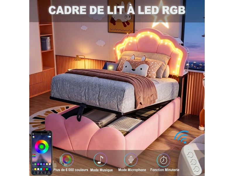  Lit coffre 90x200 velours rose avec tête de lit florale, led et prises intégrées sans matelas  - Conforama D