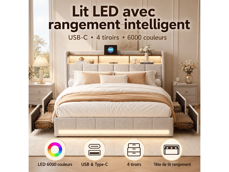 Lit 160 x 200 cm avec sommier - 4 tiroirs - cadre de lit rembourré avec led intégrée et usb type‑c - lit coffre double avec rangement et tete de lit capitonné - 2 personnes - 2 places- en lin - beige - chambre adulteado - sans m… - Conforama W