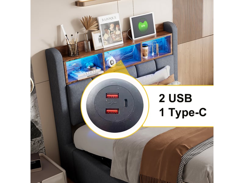Lit enfant 90x200 cm en tissu gris, led, usb, tête de lit avec rangements et coffre hydraulique - Conforama D
