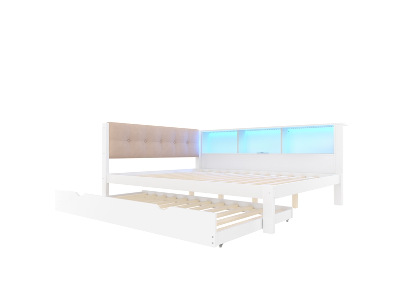 Lit banquette avec lit gigogne, led, étagère et usb, pin blanc, 140x200 cm - Conforama D