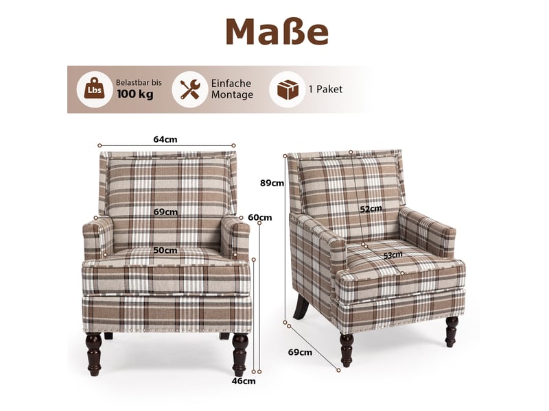  Fauteuil d'appoint 69x69x89 cm, dossier rayé, confort, structure bois, pour salon, coton et lin, couleur marron, blanc  - Conforama C