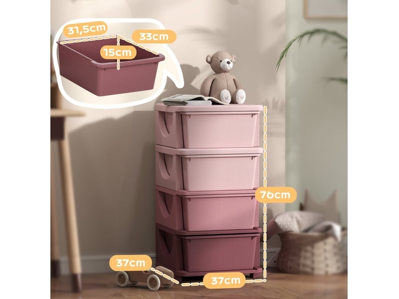 Meuble de rangement enfant 37x37x76 cm – rose – 4 tiroirs, bords arrondis et assise pratique - Conforama C