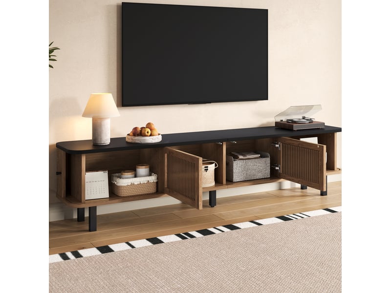 Meuble tv modenvie 190 x 35 x 45 cm avec portes coulissantes et grille décor chêne - Conforama D