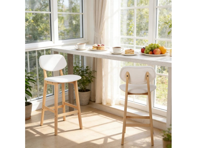  Tabouret de bar avec dossier, siège rembourré et repose-pieds en similicuir blanc et bois, lot de 2  - Conforama B