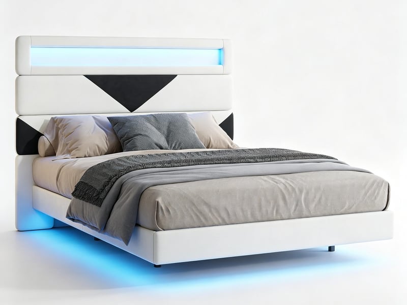 Lit 2 places 160x200 cm - usb et usb c - led intégrée - tissu velours blanc  - Conforama A