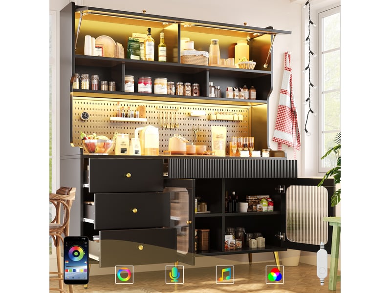 Buffet haut led avec porte relevable, tiroir et étagères en verre pour cuisine et salon, noir, 145 × 39 × 171 cm - Conforama D