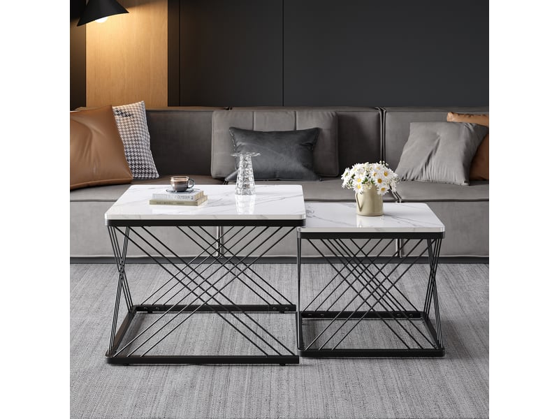  Lot de 2 tables basses carrées effet marbre brillant - pieds réglables en hauteur - charge 30 kg  - Conforama R