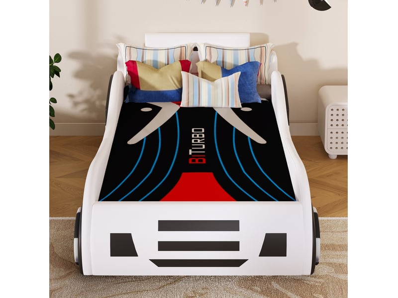  Lit enfant 90 × 200 cm en forme de voiture avec sommier à lattes et coffre relevable, en mdf et pu, blanc  - Conforama E