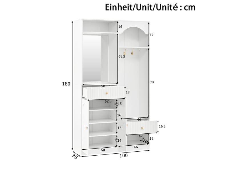  Banc de rangement avec miroir et led - lpospi - patères, rangements réglables, mdf blanc 100 × 35 × 180 cm  - Conforama D