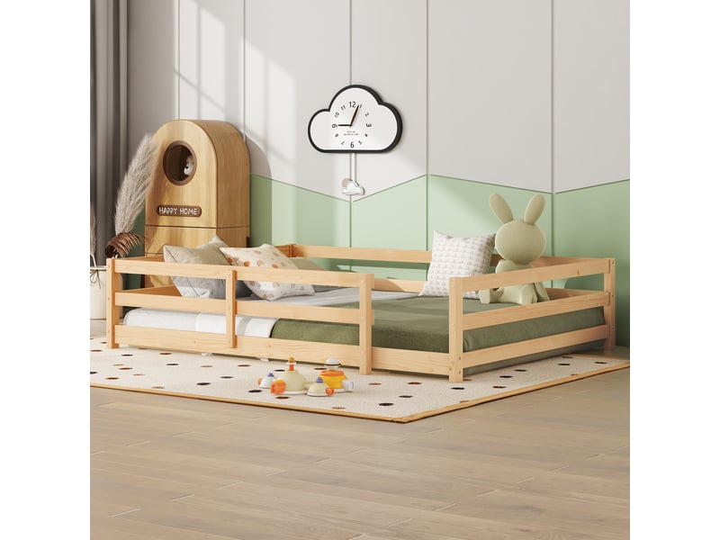 Lit montessori 140x200 cm avec barrière périphérique 40 cm, lit enfant avec sommier à lattes inclus, structure en pin massif naturel OPULERANE TRADING LTD - Conforama C