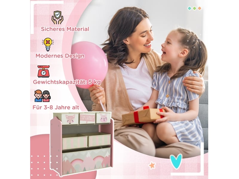  Meuble de rangement enfant 63x30x66 cm rose en bois avec 6 boîtes en tissu, pour jouets et livres  - Conforama D