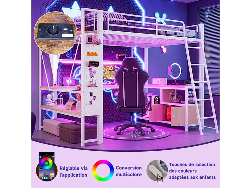  Lit mezzanine 90 x 200 cm, structure métal, led, bureau, étagères, panneau perforé, usb, sans matelas, blanc  - Conforama C