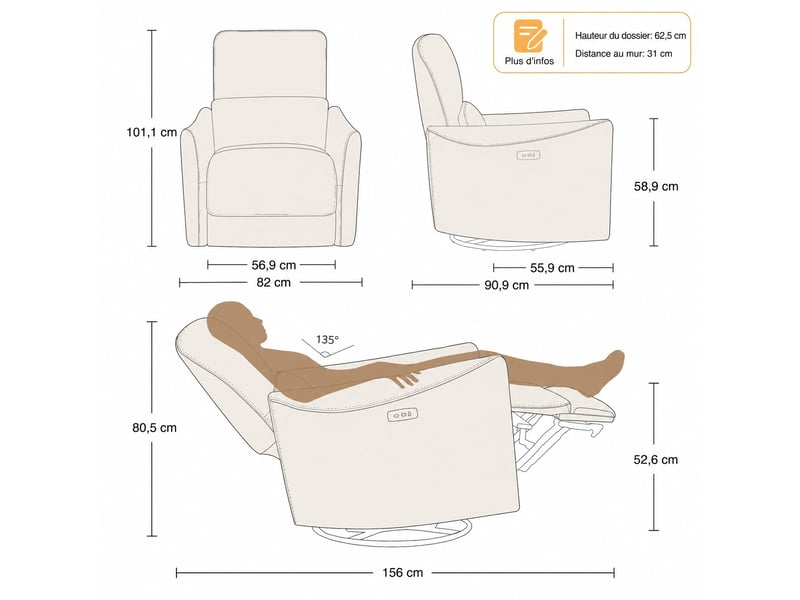  Fauteuil relax électrique pivotant 270° – usbtype-c, en tissu,dossier 135°, charge 159 kg-gris  - Conforama C